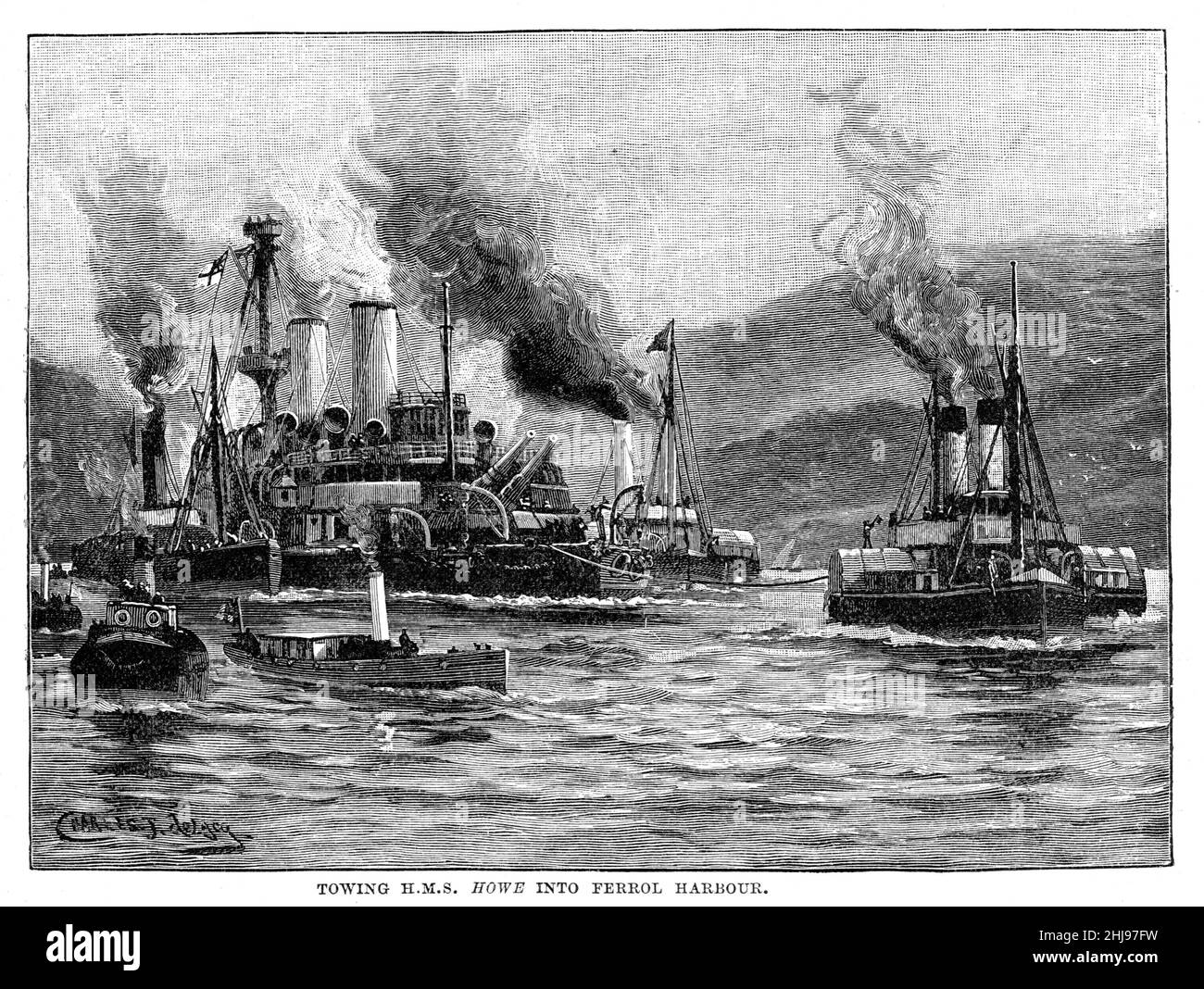 Schwarz-Weiß-Illustration; HMS Howe wird nach der Erdung von Ferrol, Spanien, 30, mit einem eisengekleideten Schlachtschiff der Admiral-Klasse in den Ferrol Harbour geschleppt Stockfoto