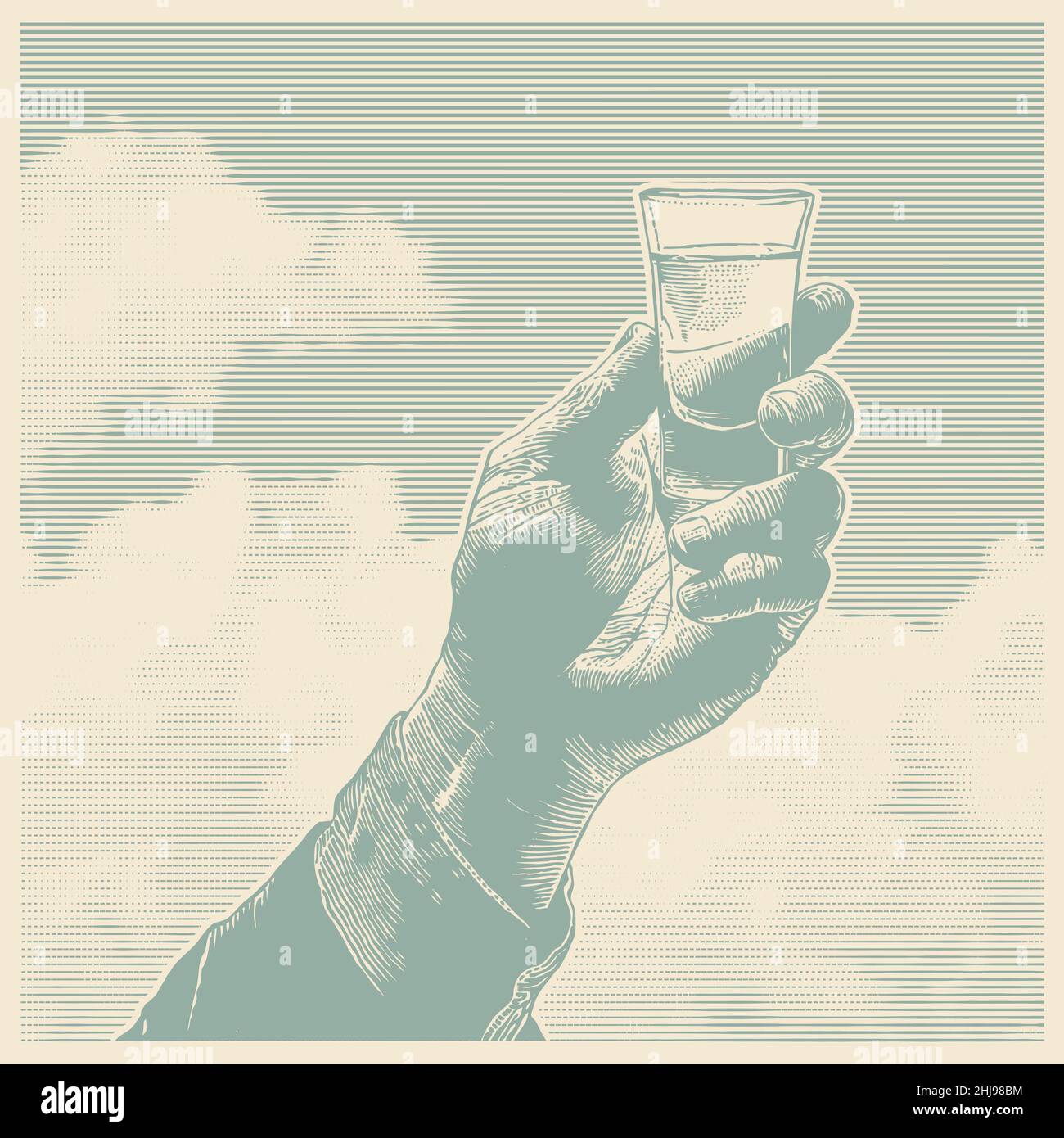 Männliche Hand hält einen Schuss Alkohol und Wolken, Retro-Gravur-Stil. Design-Element. Stockfoto