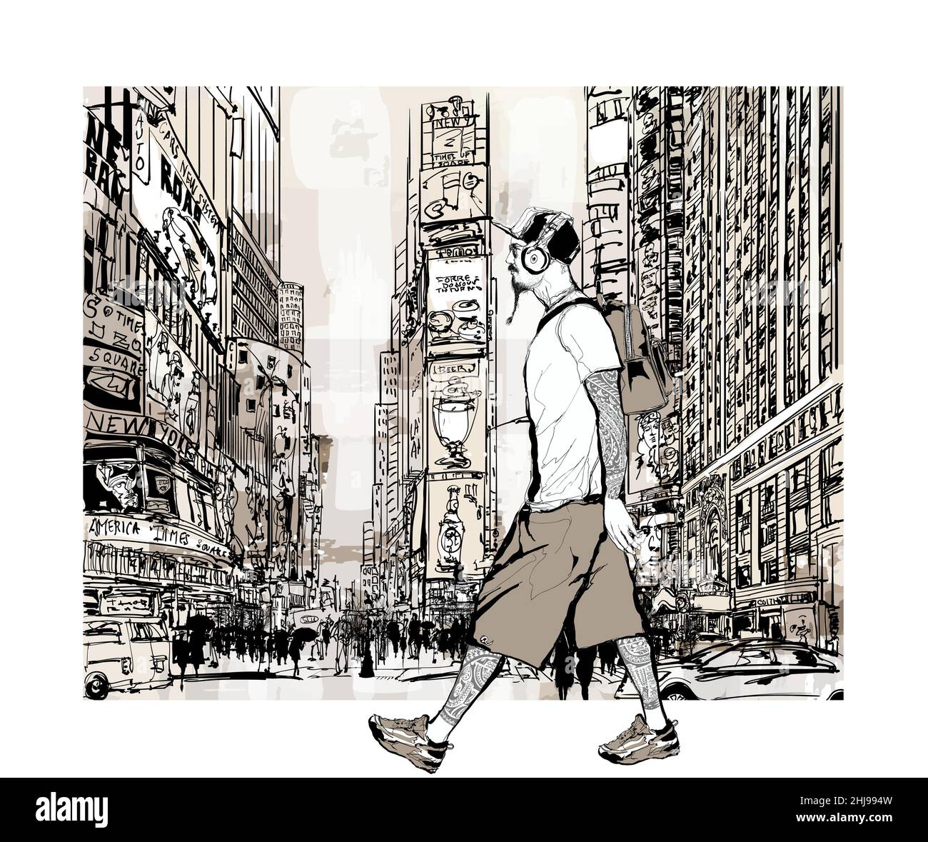 Hipster in Times Square Area in Manhattan, New York - Vektor-Illustration (ideal für den Druck auf Stoff oder Papier, Poster oder Tapeten, Haus decorati Stock Vektor