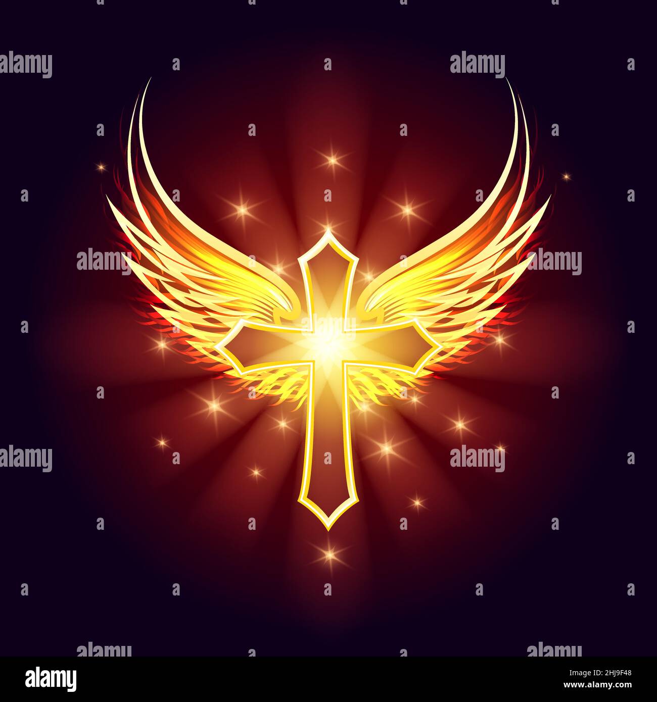 Goldenes Kreuz Mit Strahlenden Flügeln Auf Schwarzem Hintergrund. Vektorgrafik. Stock Vektor