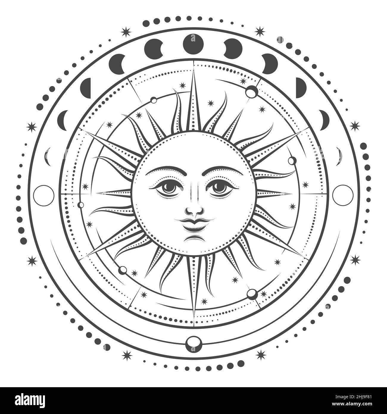 Vintage Hand zeichnen Sonne, Nachthimmel, Mondphase und Planeten. Heilige Geometrie, Magie, esoterische Philosophien, Tattoo-Kunst isoliert auf Weiß. Vektor illustrr Stock Vektor