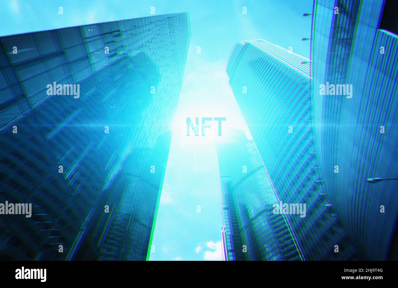 NFT-Wort zum modernen futuristischen Hintergrund hoher Wolkenkratzer in blauer Farbe. Nicht vertretbares Tokenkonzept. Stockfoto