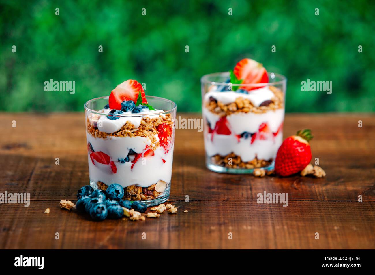 Frischer Vanillejoghurt-Parfait mit Erdbeere, Heidelbeere und Müsli auf einem Sommerpicknicktisch im Freien. Stockfoto
