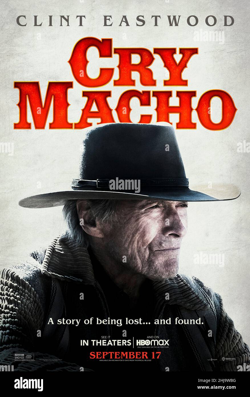 Cry Macho (2021) unter der Regie von Clint Eastwood mit Clint Eastwood, Dwight Yoakam und Daniel V. Graulau. Ein einmaliger Rodeo-Star und ausgewaschener Pferdezüchter nimmt sich einen Job an, um den jungen Sohn eines Mannes nach Hause zu bringen und seiner alkoholischen Mutter zu entfliehen. Auf ihrer Reise findet der Reiter Erlösung, indem er dem Jungen beibringt, was es bedeutet, ein guter Mann zu sein. Stockfoto