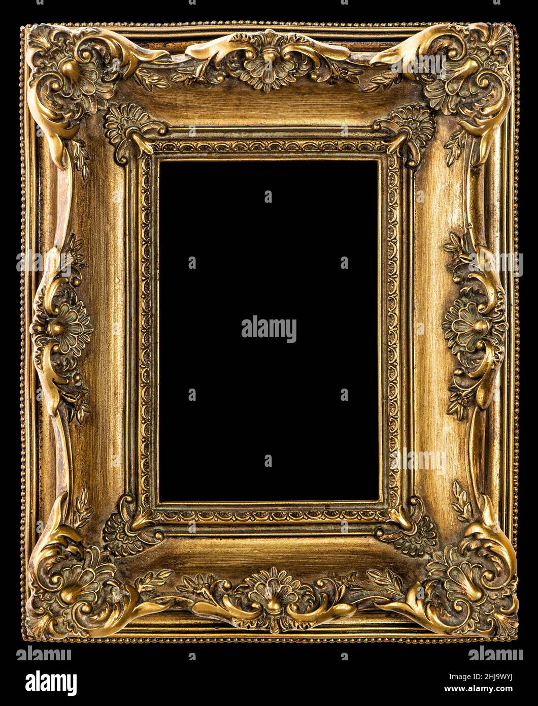 Goldener Barock Bilderrahmen auf schwarzem Hintergrund. Vintage-Dekoration Stockfoto