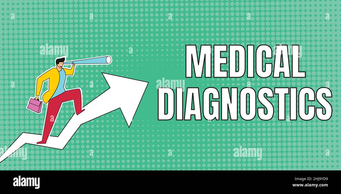 Konzeptunterschrift Medizinische Diagnostik. Wort für Akt der Identifizierung einer Krankheit aus seinen Zeichen und Symptomen man Zeichnung Holding Graph Pfeil zeigt Stockfoto