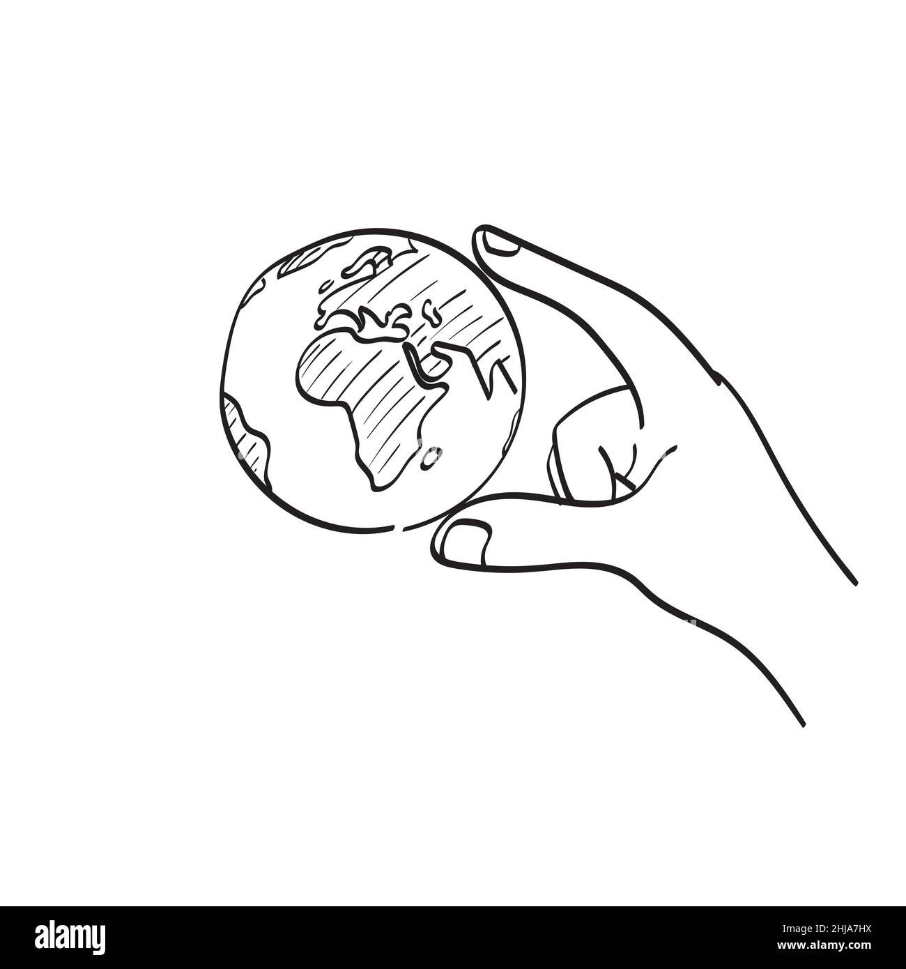 Linie Kunst Hand halten Planeten Erde Illustration Vektor Hand gezeichnet isoliert auf weißem Hintergrund Stock Vektor