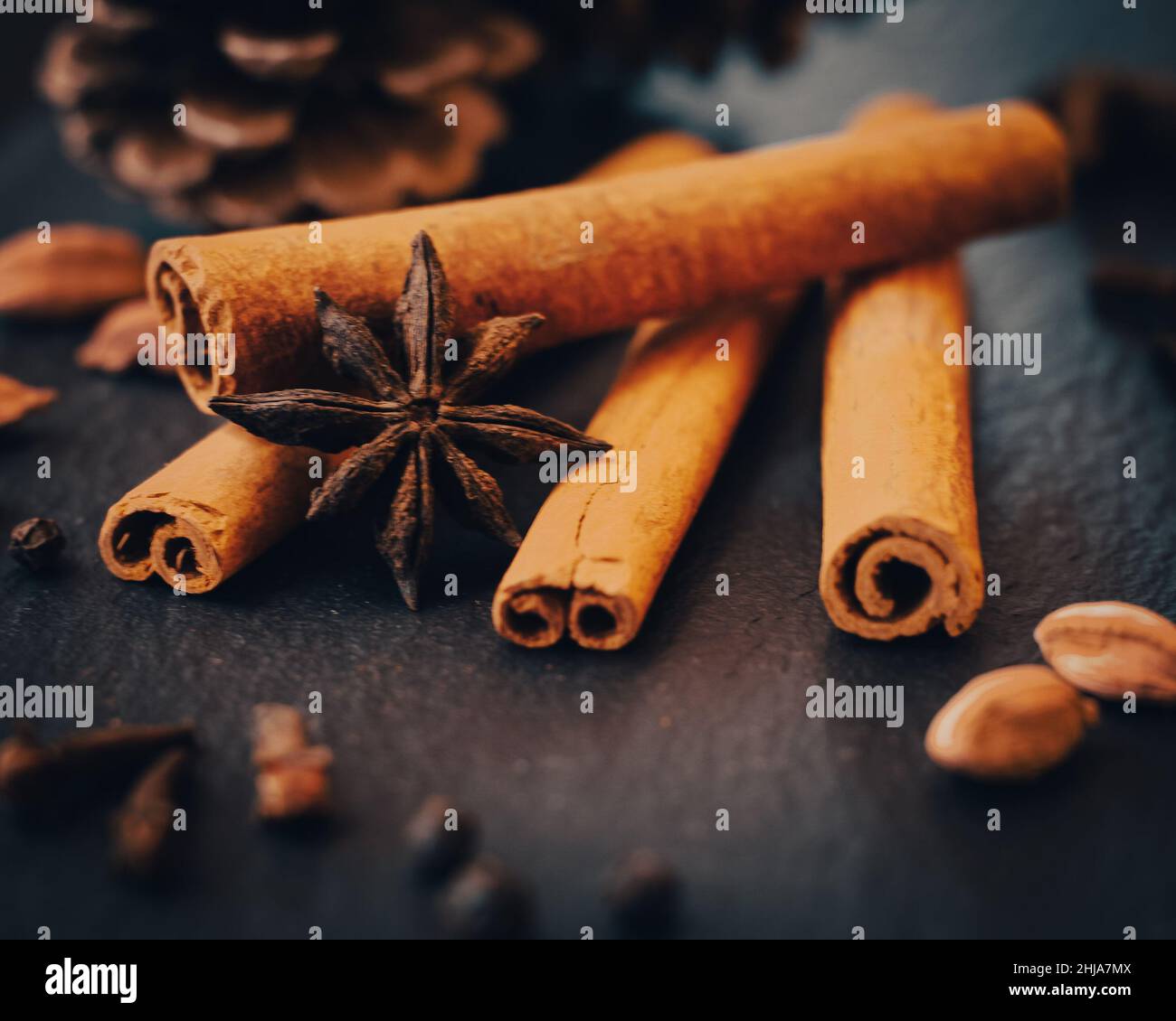 Wintergewürze Zimt, Nelken, Sternanis auf dunklem Grund Stockfoto