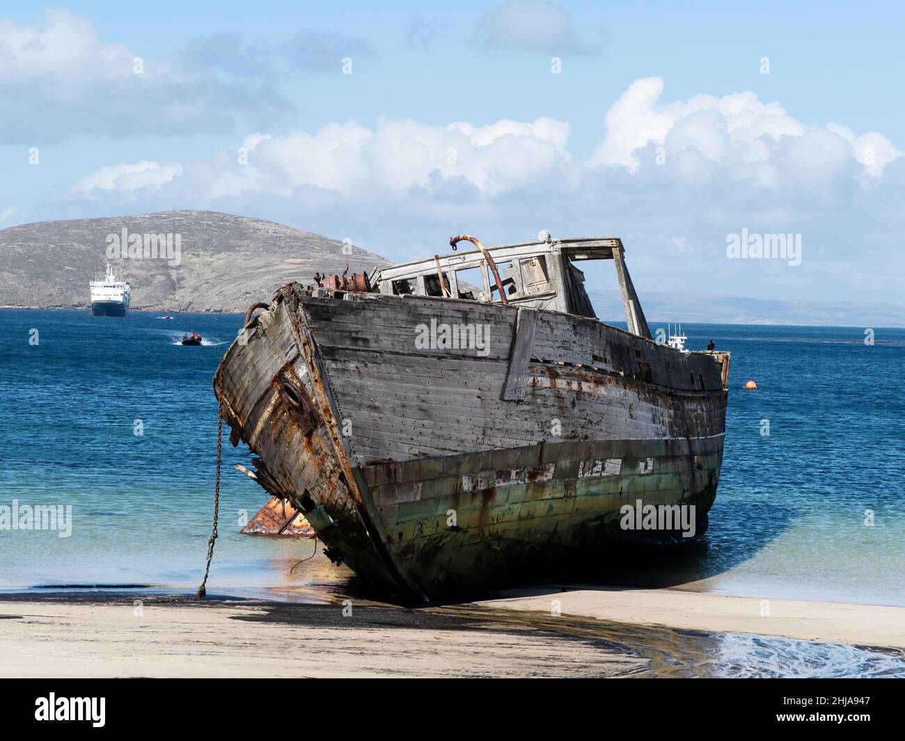 Schiffbruch aus Holz am Strand von Coffin’s Harbour, New Island, Falkland Islands. Stockfoto