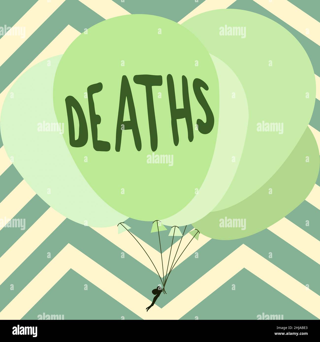Handschriftlich Zeichen Todesfälle. Wort für das dauerhafte Aufhören aller Vitalzeichen, Beispiel des sterbenden Individuums mit bunten Luftballons Zeichnung Fliegen Stockfoto
