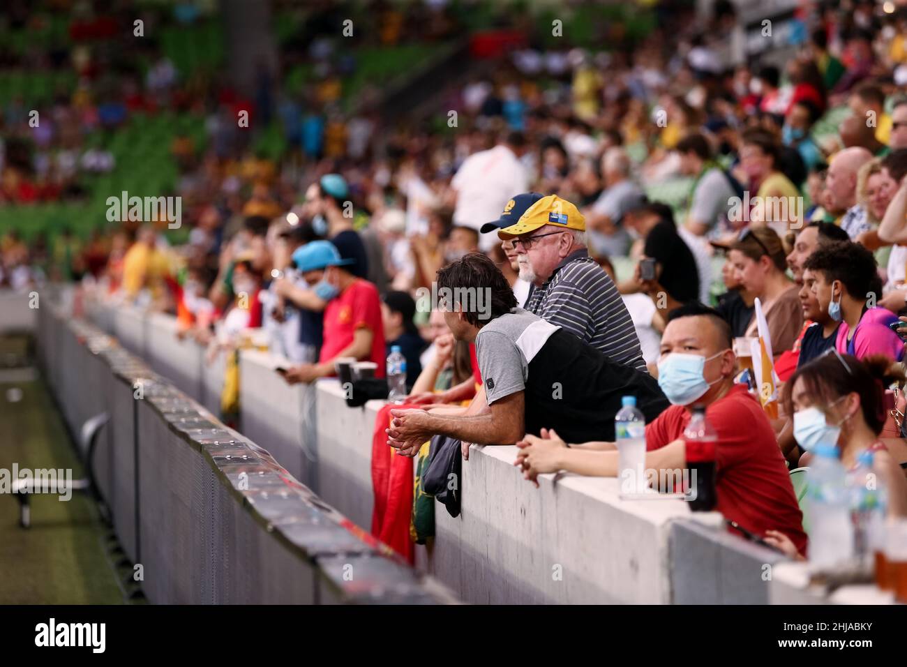 Melbourne, Australien, 27. Januar 2022. Fußballfans werden beim Fußballspiel zur WM-Qualifikation zwischen Australien Socceroos und Vietnam am 27. Januar 2022 im AAMI Park in Melbourne, Australien, erwartet. Kredit: Dave Hewison/Speed Media/Alamy Live Nachrichten Stockfoto