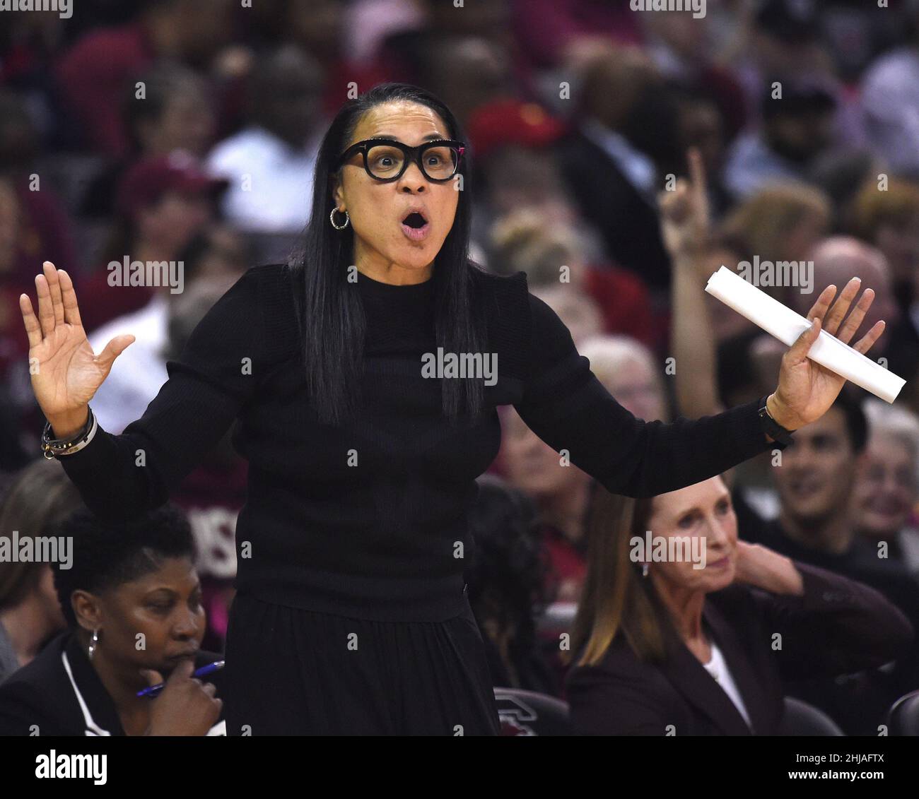 Kolumbien, USA. Februar 2020, 10th. South Carolina Cheftrainer Dawn Staley während eines Spiels Aganist Connecticut in Colonial Life Arena in Columbia, South Carolina, am 10. Februar 2020. (Foto: Brad Horrigan/Hartford Courant/TNS/Sipa USA) Quelle: SIPA USA/Alamy Live News Stockfoto