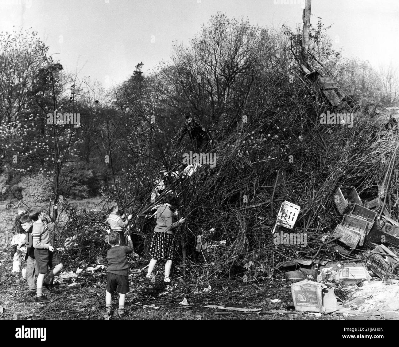 Einige der Kinder in der Gegend von Aigburth Vale im Sefton Park, Liverpool, sind damit beschäftigt, ihr massives Lagerfeuer für heute Abend zu bauen. 5th. November 1962. Stockfoto