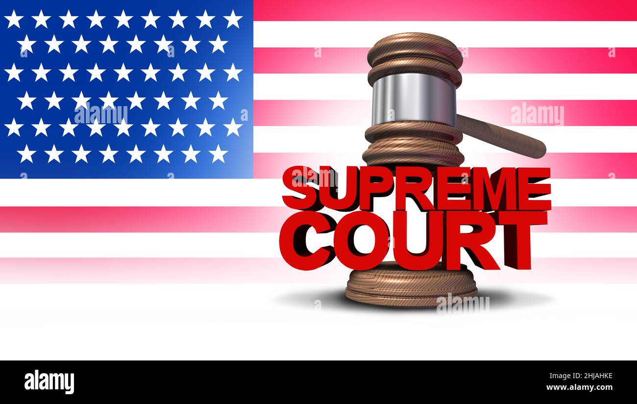 American Supreme Court Symbol oder SCOTUS als ein US-Regierung Gesetz Symbol als Richter gavel auf Text als 3D Illustration. Stockfoto