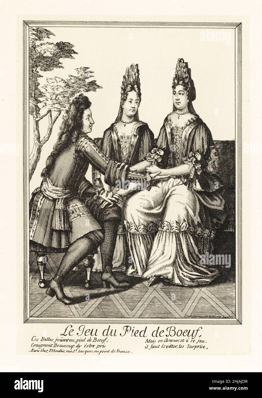 Französische Aristokraten spielen das küssende Spiel von Pied de Boeuf (Kuhfuß), 17th Jahrhundert. Ein fop greift in die Hand einer Schönheit. Nach einem Stich von Nicolas de Larmessin, chez P. Houllie, rue St. Jacques. Le jeu du Pied de Boeuf.. Lithographie von Henry Rene d’Allemagne’s Recreations et Passe-Temps, Games and Pastimes, Hachette, Paris, 1906. Stockfoto