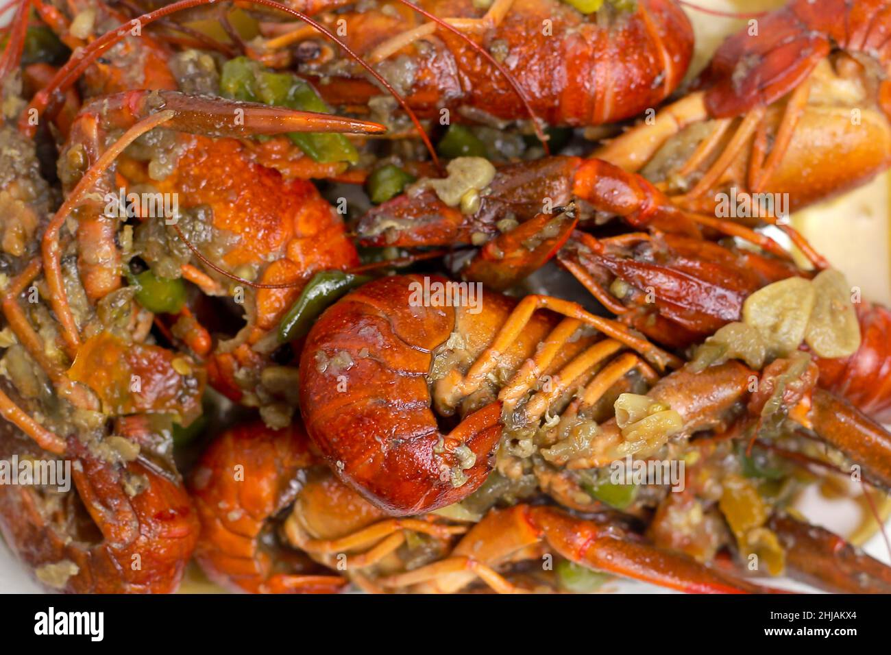 Super scharf grüne Chili Garnelen Hummer Meeresfrüchte Küche, gesunde Lebensmittel, Stockfoto