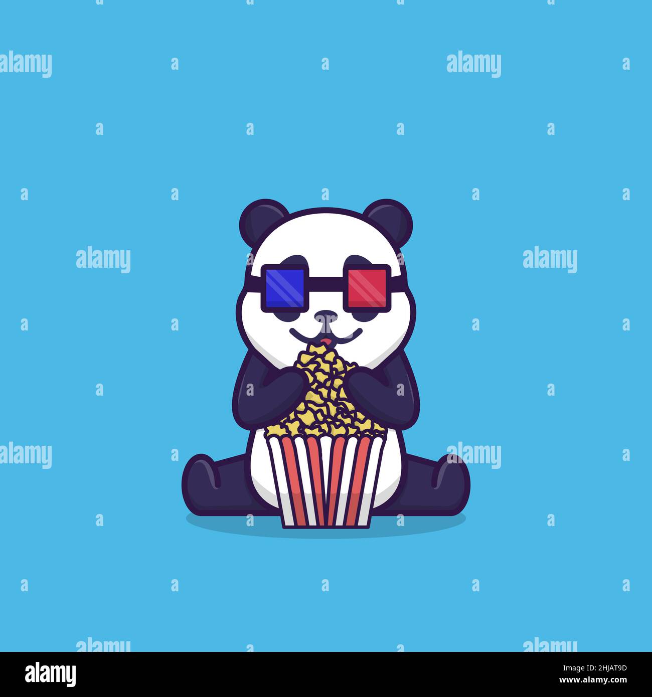Vektor-Illustration von niedlichen Panda beobachten Kino essen Popcorn. Flaches Design Illustration Stock Vektor