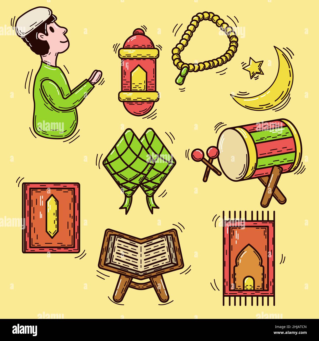 Eine Reihe von Kritzeleien mit einem Ramadan-Thema verschiedener Arten, Vektordarstellung Stock Vektor