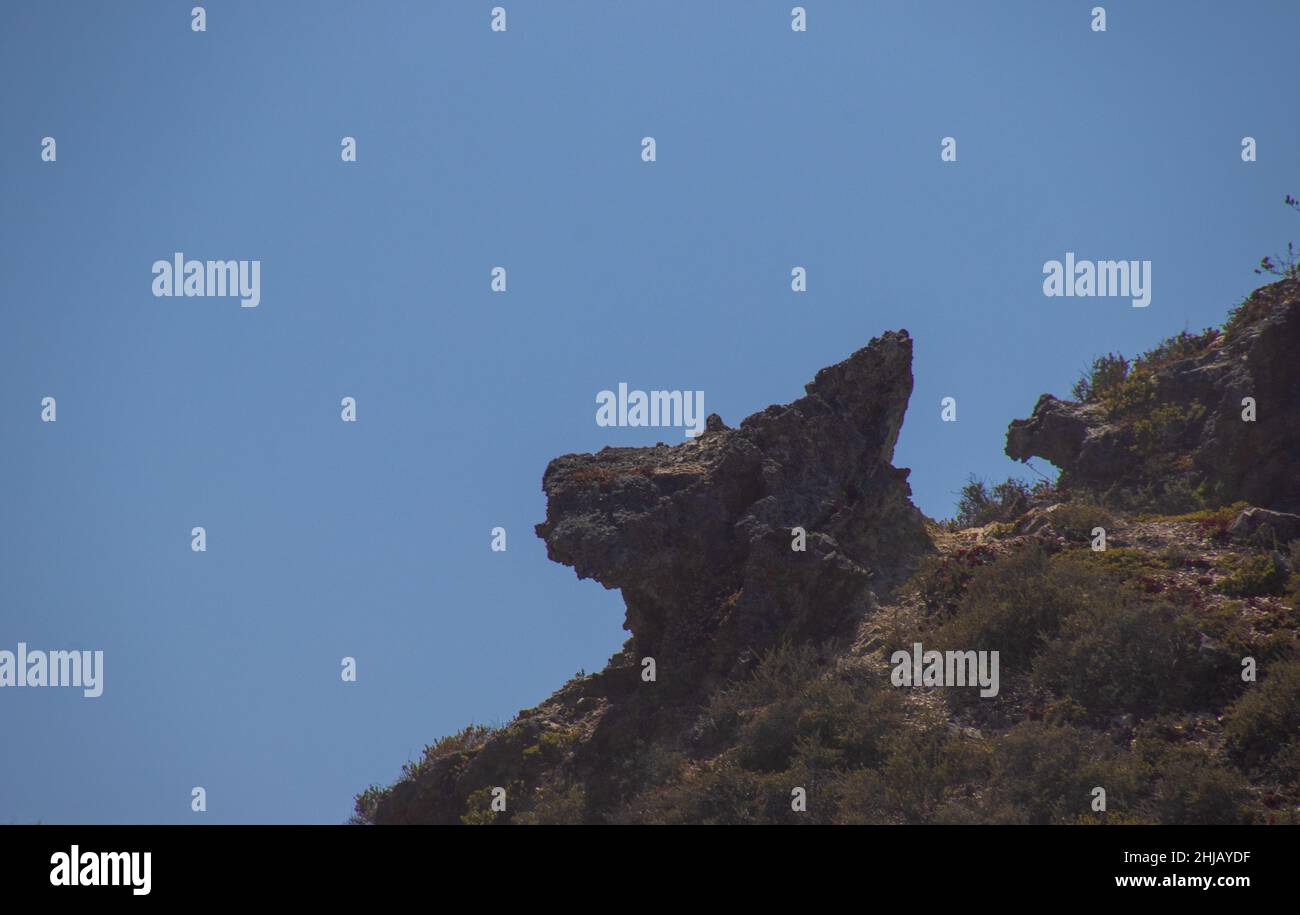 Ein Fels in der Form eines Hundekopfes auf dem Gipfel des Arch Rock am Keurbooms Beach in Südafrika Stockfoto