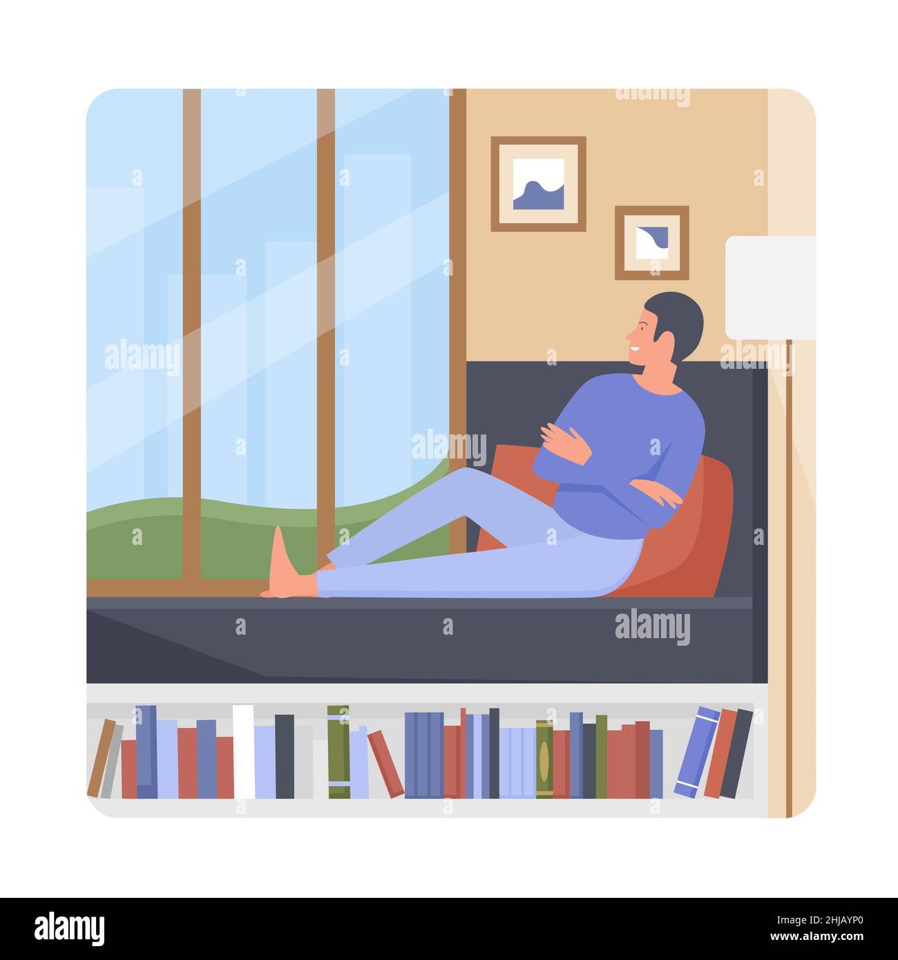 Mann, der auf dem Bett lag und durch das Fenster nach draußen schaute. Selbstentspannung und Lesen Erholung Zeit Cartoon Vektor Illustration Stock Vektor