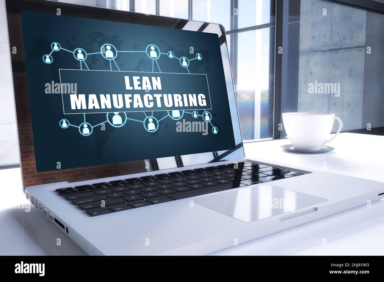 Lean Manufacturing Text auf einem modernen Laptop-Bildschirm in Büroumgebungen. 3D Darstellung Business Text Konzept. Stockfoto