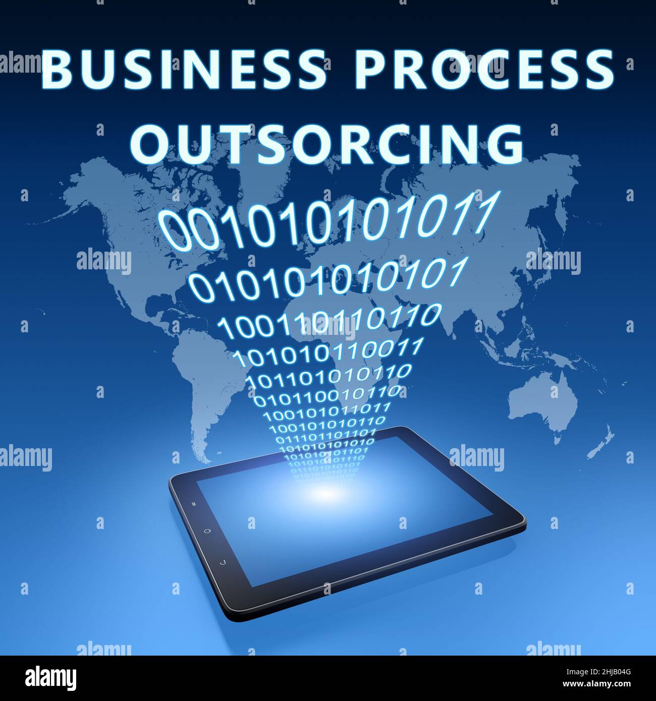 Business Process Outsourcing - Text mit Tablet-Computer auf blauem Hintergrund der digitalen Weltkarte. 3D Darstellung rendern. Stockfoto