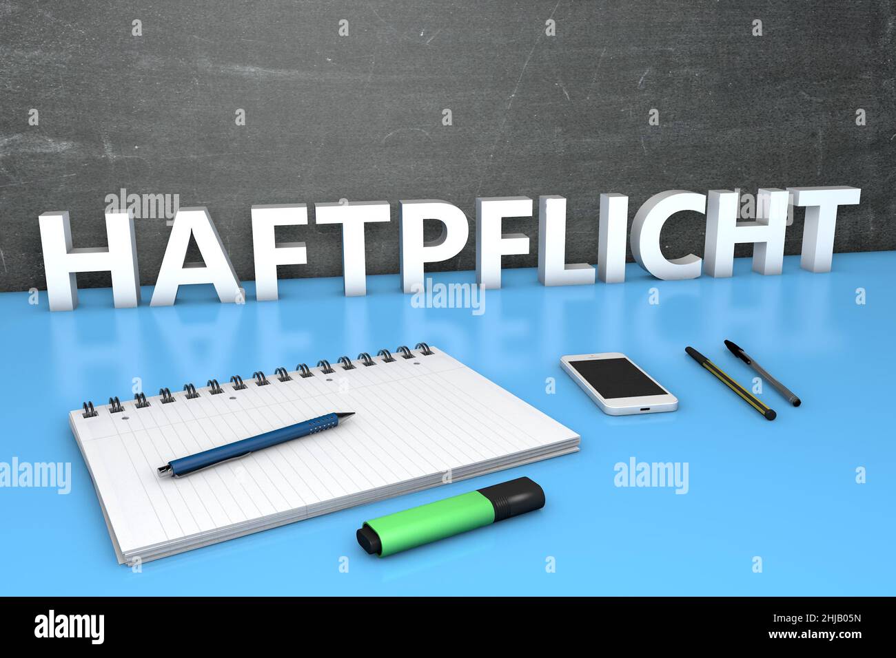 Haftpflicht - wort für zivilrechtliche Haftung - Textkonzept mit Tafel, Notizbuch, Stiften und Mobiltelefon. 3D Darstellung rendern. Stockfoto