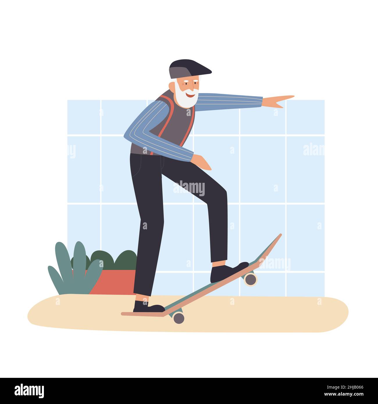 Coole ältere Mann mit Spaß auf Skateboard. Verrückte alte Großvater Skateboarding Cartoon Vektor Illustration Stock Vektor