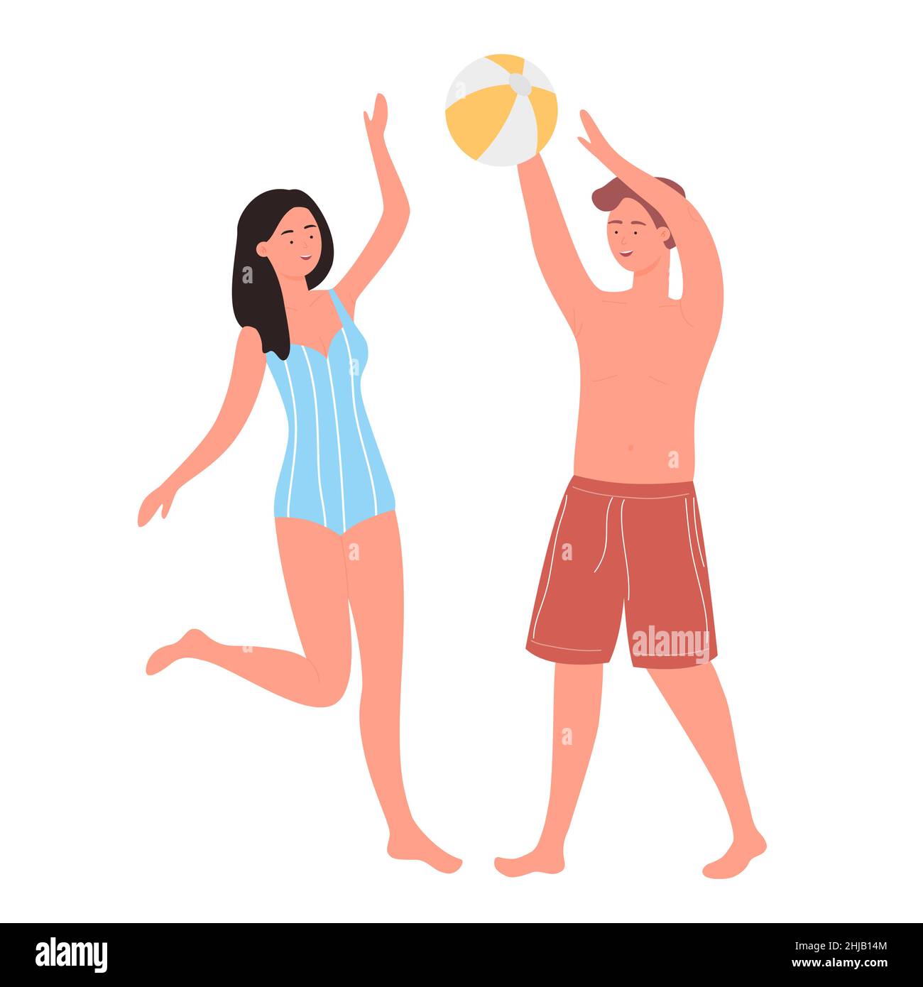 Junges Paar aktiv spielen mit Beach Ball. Sommer Erholung Urlaub Pause Freizeit flache Vektor-Illustration Stock Vektor