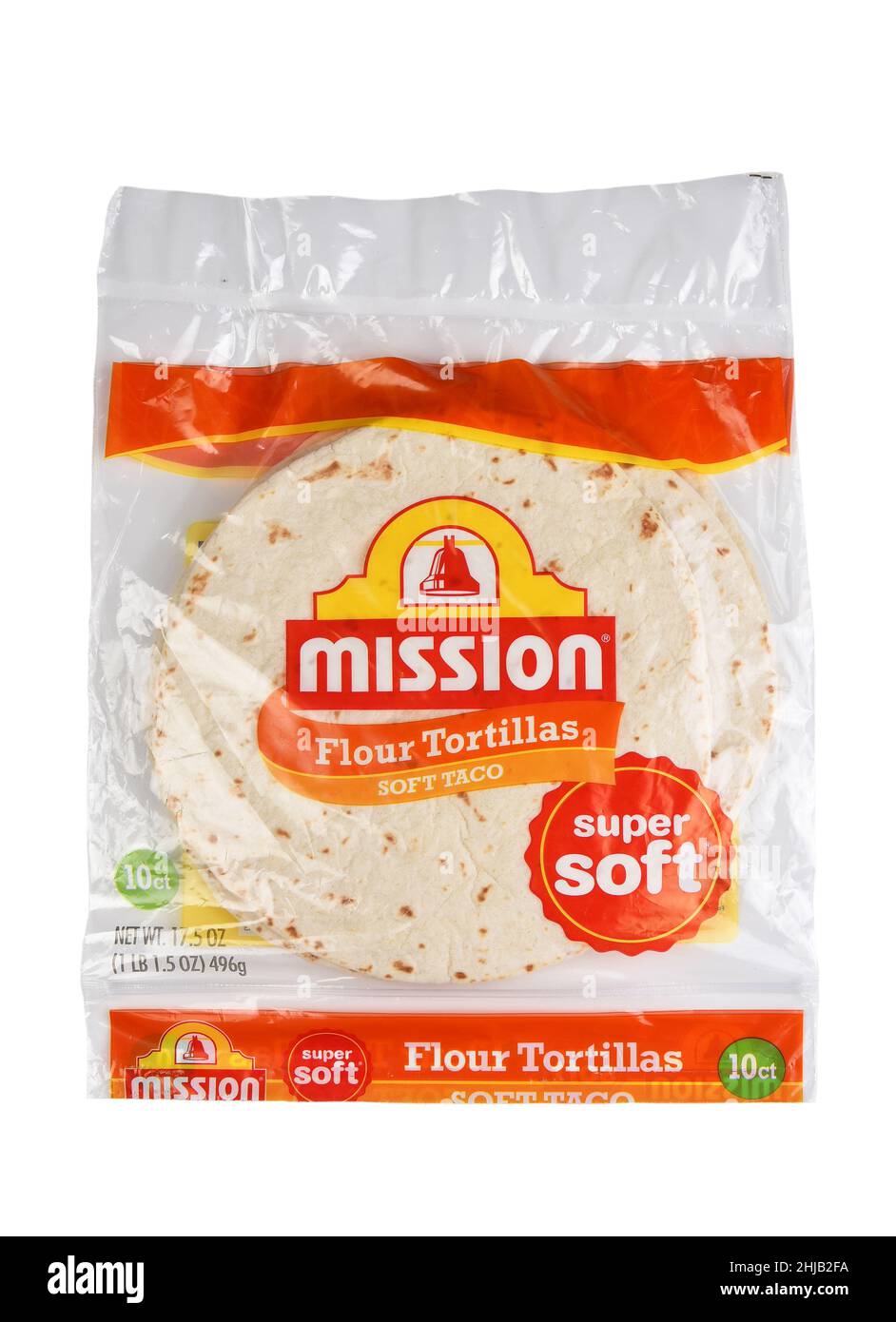 IRVINE, KALIFORNIEN - 27. JAN 2022: Ein Paket von Mission Flour Tortillas. Stockfoto