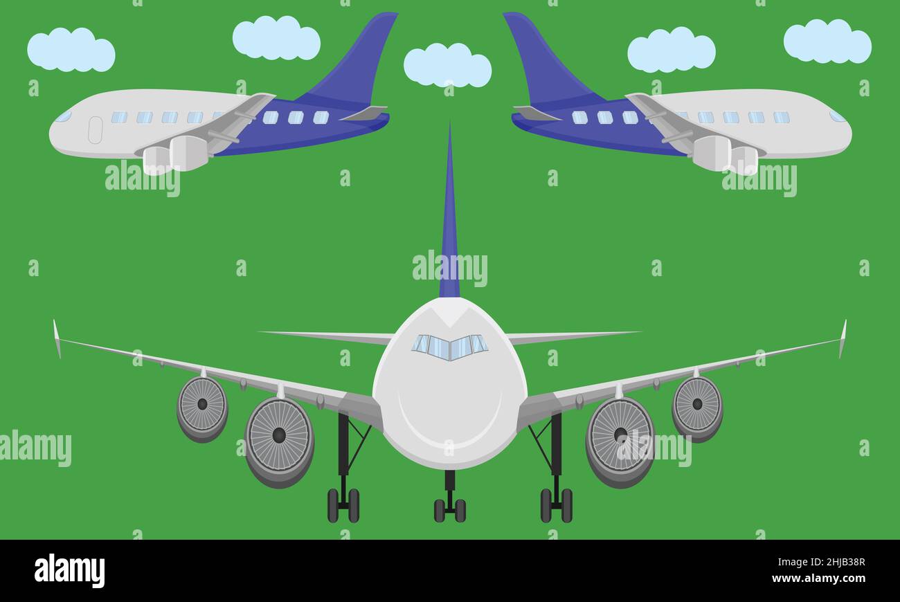 Flugzeug Transport Himmel fliegen Flug Flügel Jet Seite Vorderansicht Luftfahrt Wolke Vektor Illustration Stock Vektor