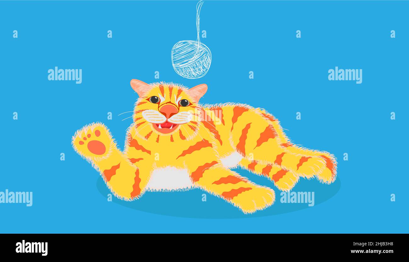 Die schöne gelb und orange gestreifte Katze Flop und spielen mit Skizze Baumwolle auf pastellblau Farbe Hintergrund. vektor-Illustration EPS10 Stock Vektor