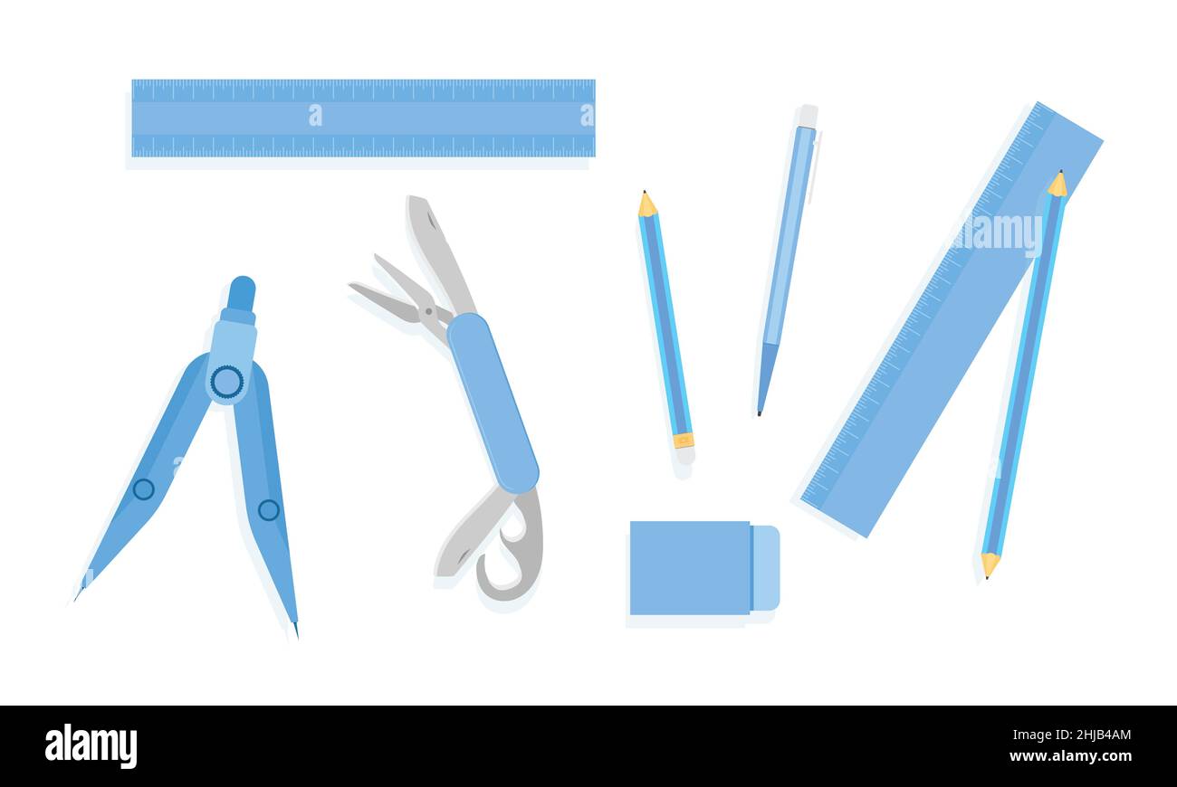 Lineal Bleistift Stift Radierer Kompasse Taschenmesser Korb blau Ton Vektor Illustration EPS10 Stock Vektor
