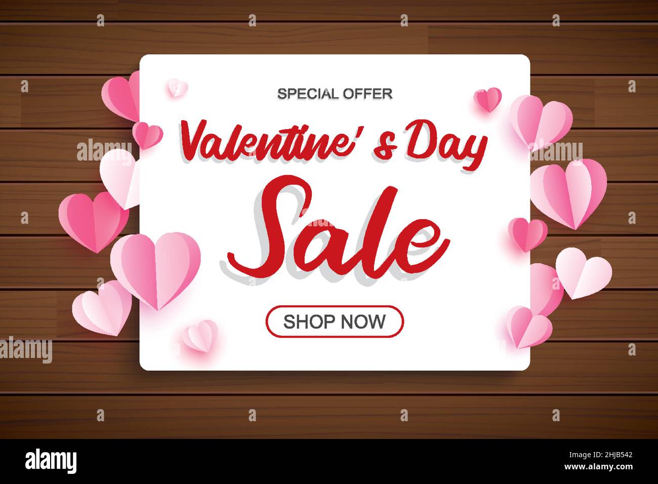Valentinstag Verkauf Banner-Vorlage mit Herz und Text auf Holz Hintergrund Stock Vektor