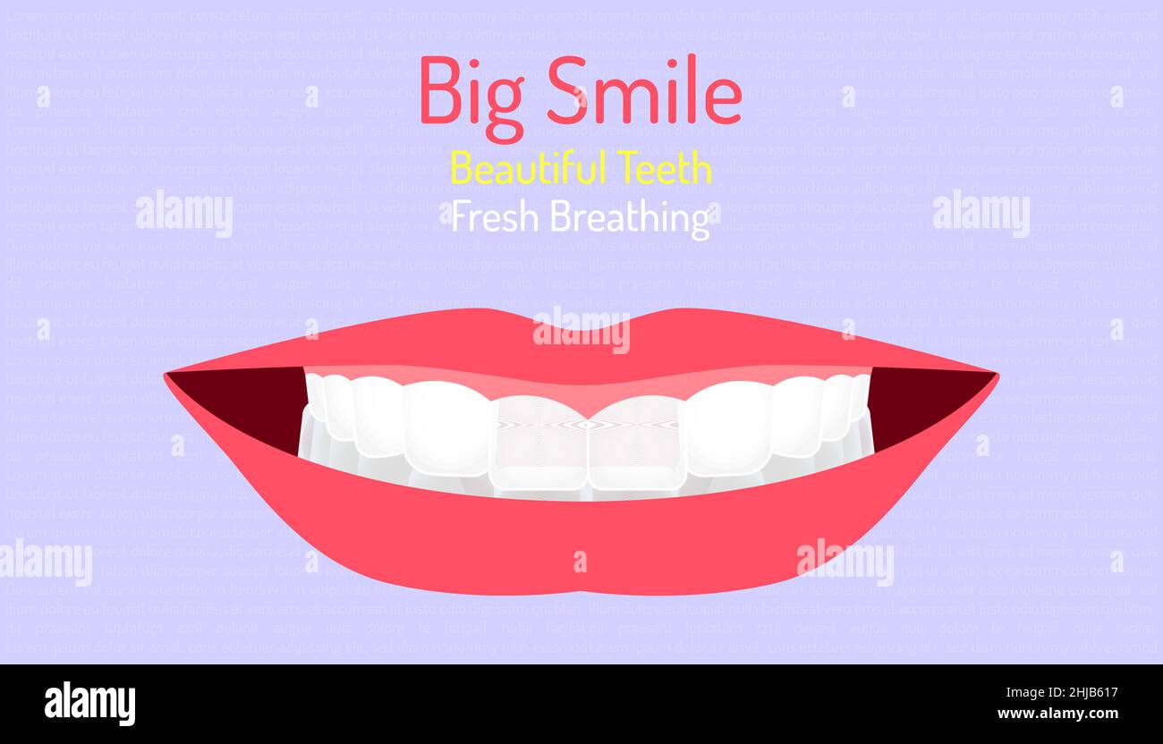 Großes Lächeln schöne Zähne und Fleisch Atmung. Gute Zahnmund zeigen schönen Zahn. Charakter Hintergrund. vektor-Illustration EPS10 Stock Vektor