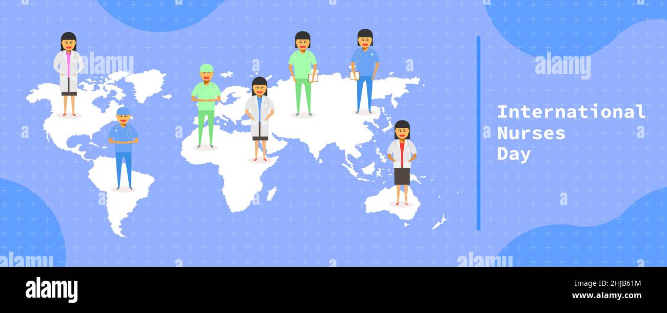 12. Mai. Internationaler Krankenschwestern Tag. Weibliche Ärztegruppe stehen auf Erdkarte verschiedene Marke Punkt Land. vektor-Illustration EP10 Stock Vektor