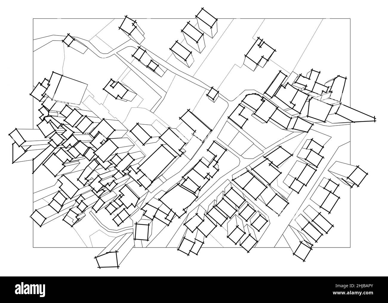 Imaginäre Katasterkarte des Territoriums mit 3D Gebäuden, Feldern, Straßen und Grundstücken eines Wohnviertels. Stockfoto