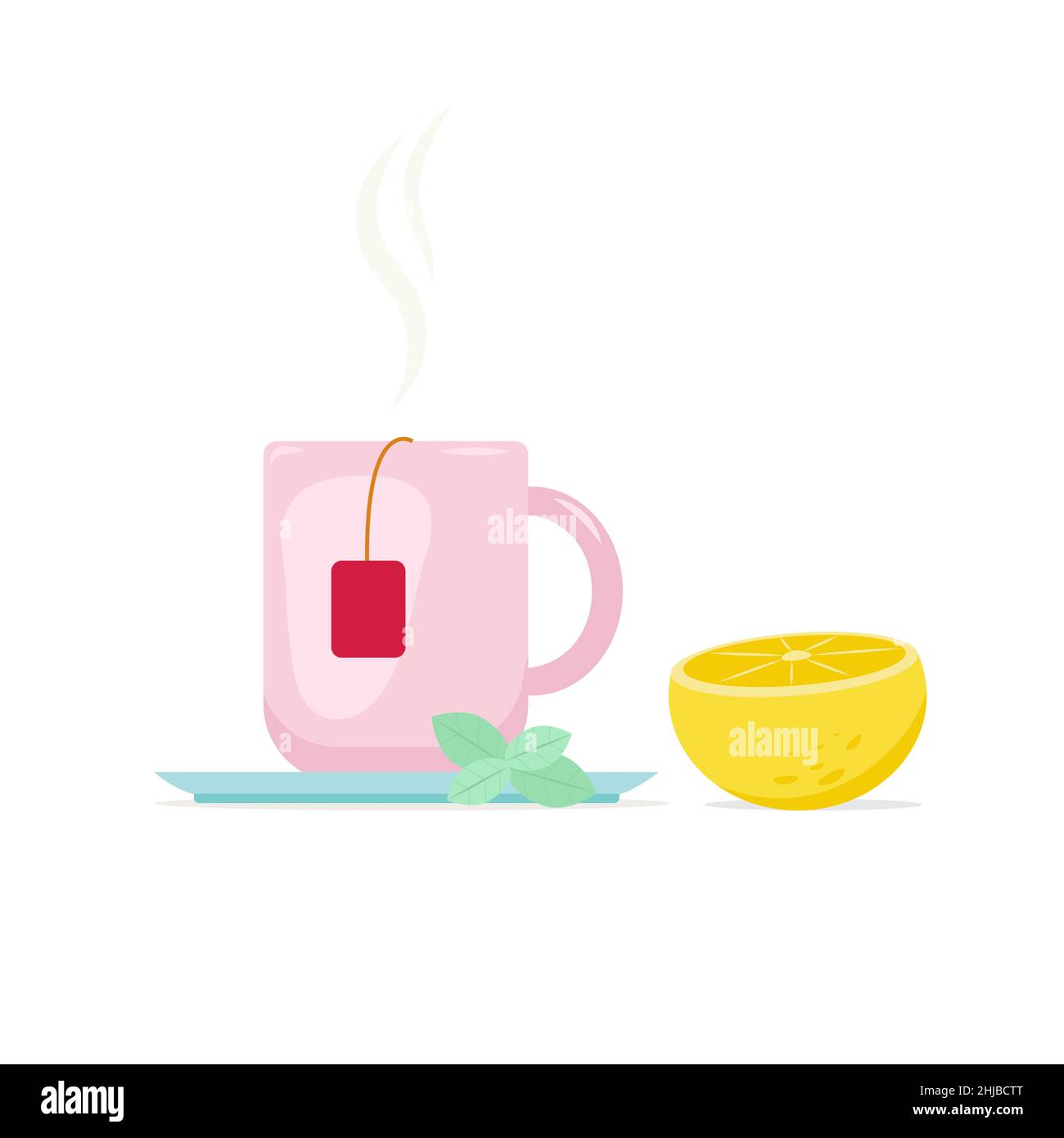 Eine Tasse heißen Tee und eine halbe Zitrone. Vektorgrafik im flachen Stil Stock Vektor