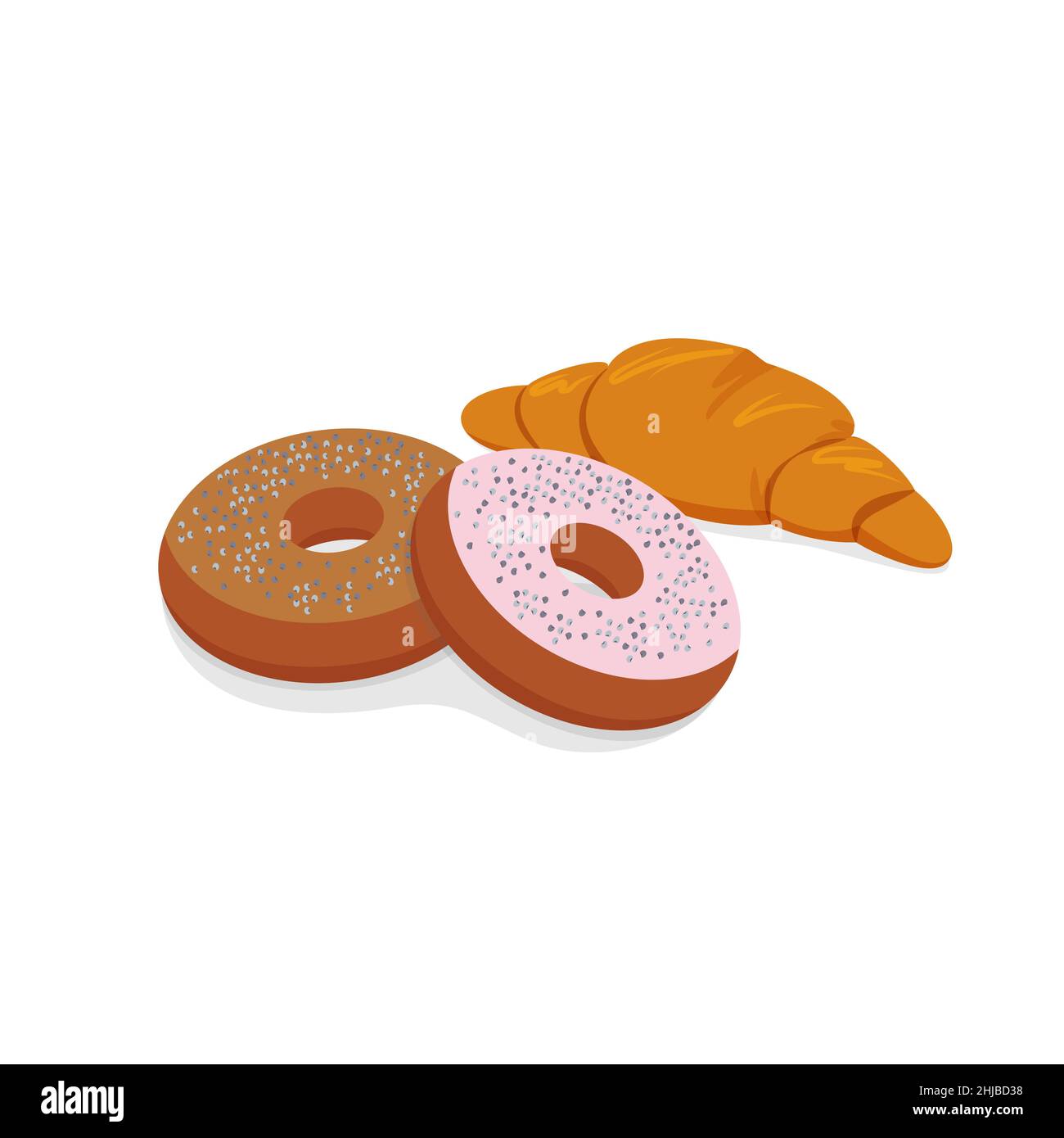 Brötchen mit Mohnsamen und Croissant, Vektorgrafik für Lebensmittel in flachem Stil Stock Vektor