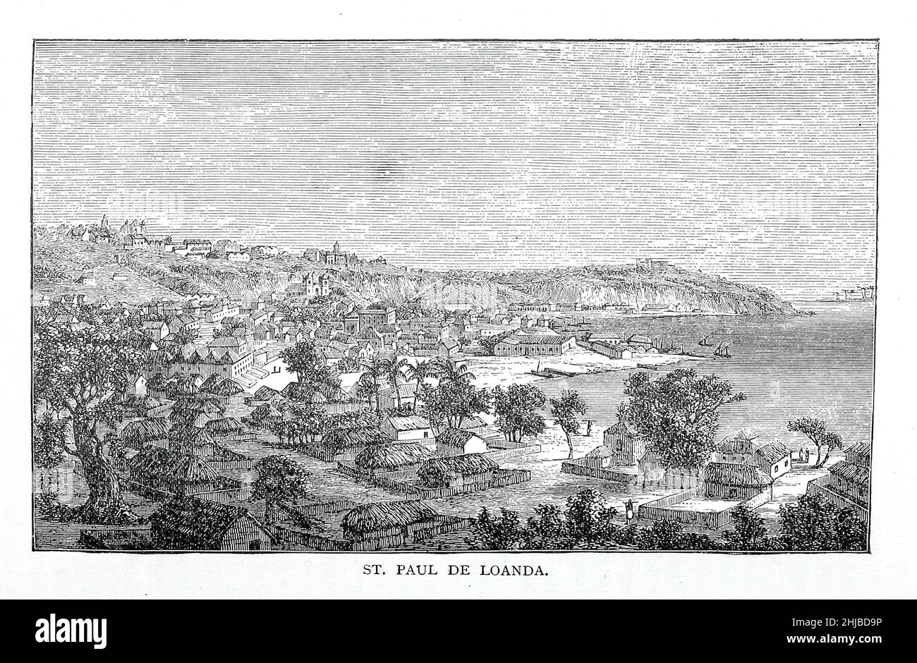 St. Paul de Loanda (Luanda, Angola) aus dem Buch Stanley in Africa. Die wunderbaren Entdeckungen und spannenden Abenteuer des großen afrikanischen Entdeckers und anderer Reisender, Pioniere und Missionare von James Penny Boyd, Herausgeber: Philadelphia, Pennsylvania; St. Louis, Mo., P. W. Ziegler & Co im Jahr 1889 Stockfoto