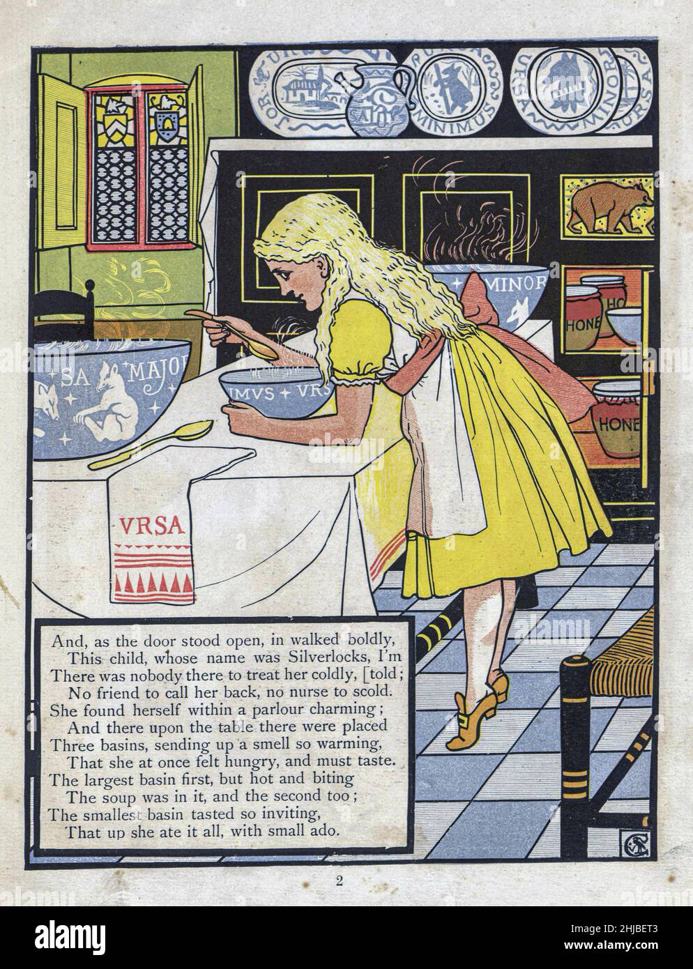 Die drei Bären illustriert von Walter Crane 1873. Veröffentlicht in London von George Routledge and Sons. „Goldilocks and the Three Bears“ (ursprünglich „The Story of the Three Bears“ genannt) ist ein britisches Märchen aus dem 19th. Jahrhundert, von dem drei Versionen existieren. Die Originalversion der Geschichte erzählt von einer nicht so höflichen alten Frau, die das Waldhaus von drei Jungbären betreten, während sie weg sind. Sie sitzt auf ihren Stühlen, isst etwas von ihrer Suppe, setzt sich auf einen ihrer Stühle und bricht sie ab und schläft in einem ihrer Betten. Als die Bären zurückkehren und sie entdecken, wacht sie auf, springt aus dem Wind Stockfoto