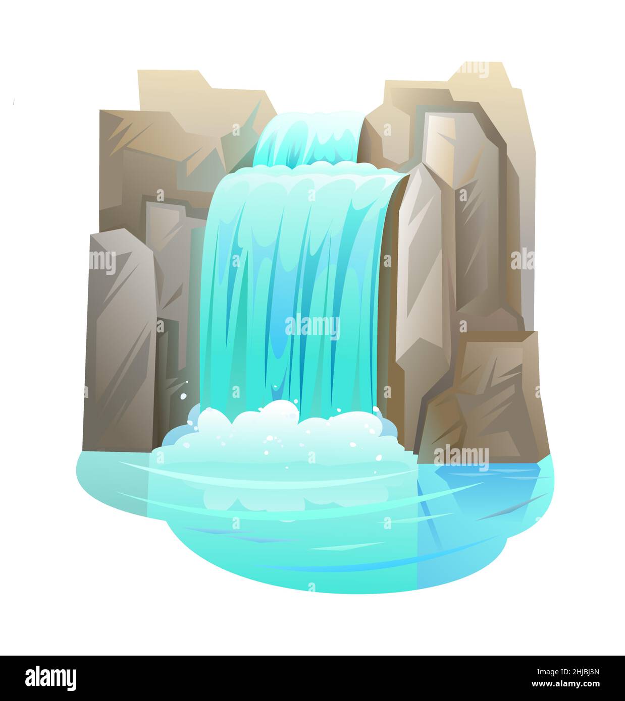 Wasserfall zwischen Felsen. Kaskade schimmert nach unten. Fließendes Wasser. Graue Steine. Objekt auf weißem Hintergrund isoliert. Cooler Cartoon-Style. Vektor. Stock Vektor