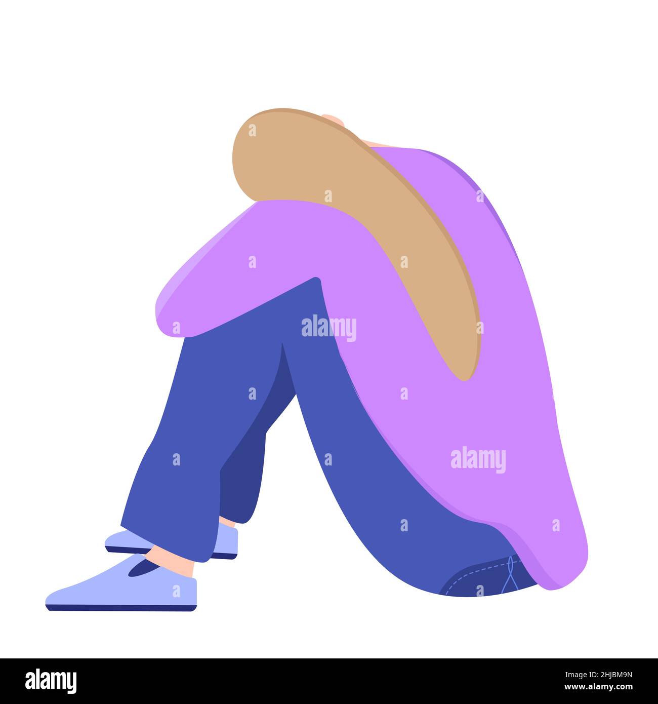 Traurige, unglückliche Frau, die isoliert auf weißem Hintergrund sitzt. Depression-Konzept. Flache Vektorgrafik Stock Vektor