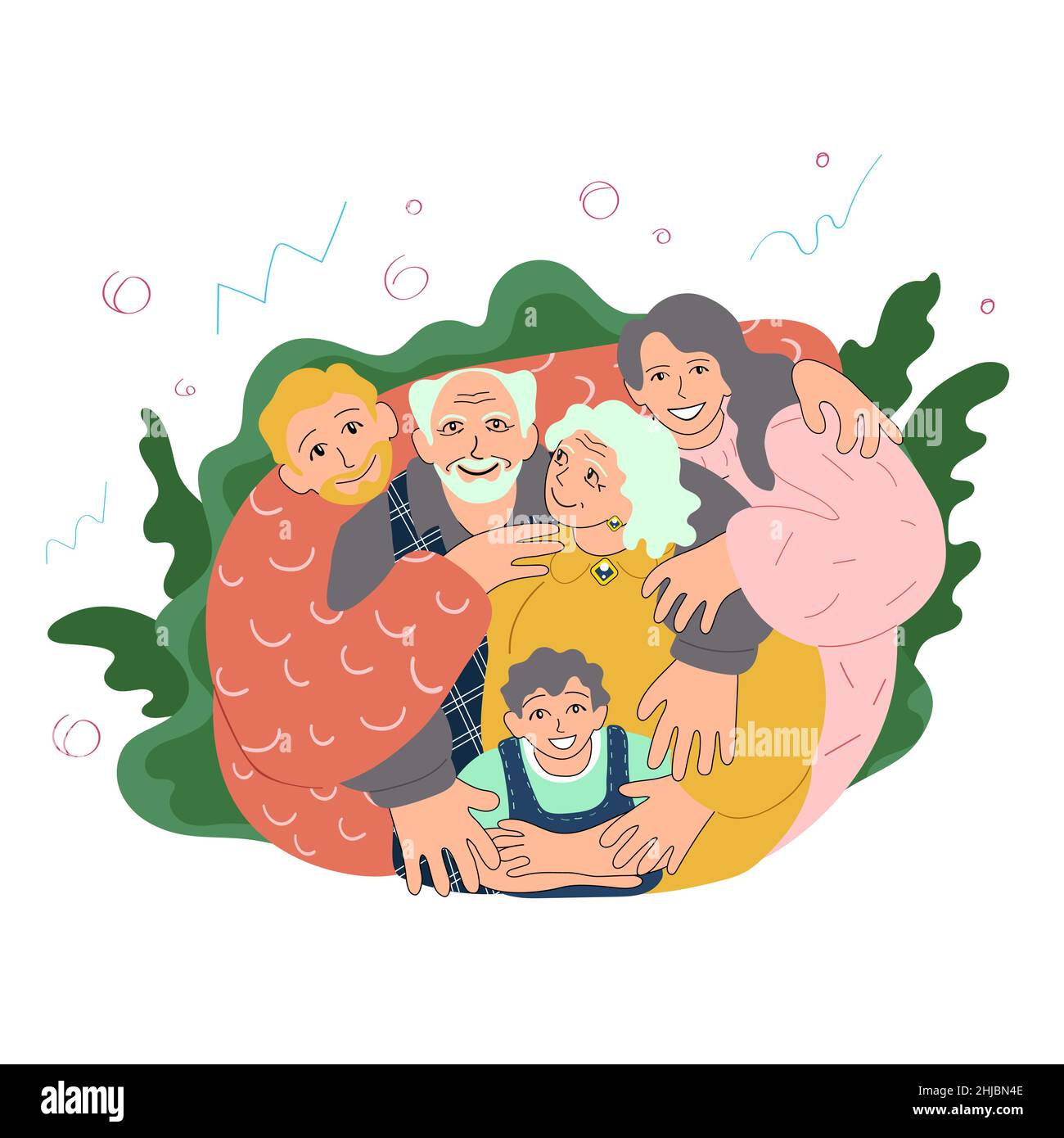 Freudige kaukasische Familie, die zusammensteht und umarmt. Liebevolle Eltern, Kinder, ältere und junge Paare. Comic-Vektorgrafik Stock Vektor