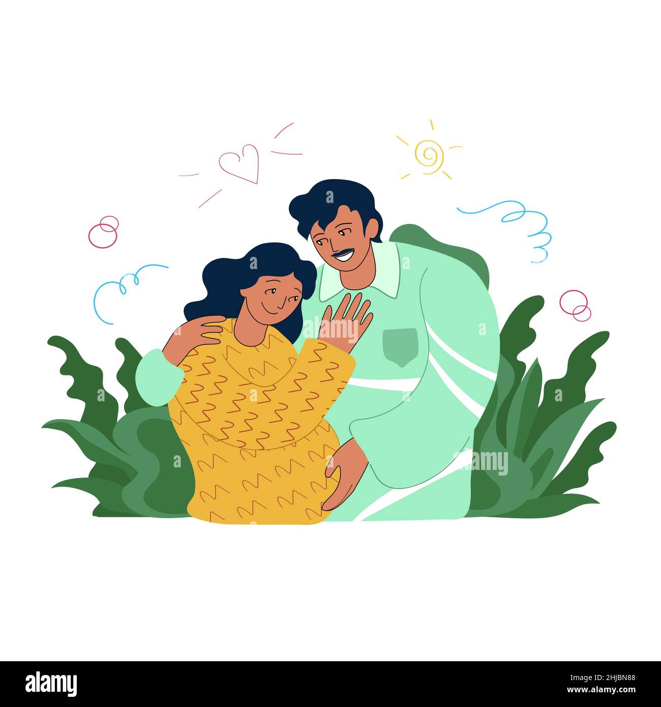 Hispanische Ethnie glücklich junge Familie Paar umarmt. Lateinamerikanisch liebende zukünftige Eltern, Schwangerschaft, Elternschaftsplanung, Zweisamkeit Konzept Stock Vektor