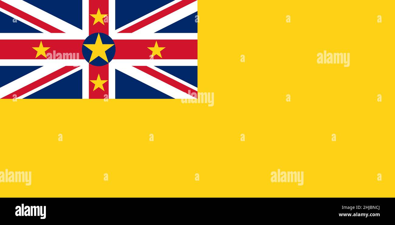 Draufsicht auf die offizielle Flagge Niue. patriot und Reisekonzept. Kein Fahnenmast. Ebenendesign, Layout. Hintergrund markieren Stockfoto