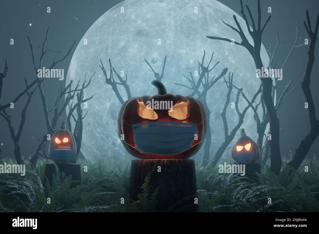 3D Rendering von glänzenden halloween Jack o' Lantern Kürbissen bedeckt mit einer Gesichtsmaske vor großem Mond und toten Bäumen Stockfoto