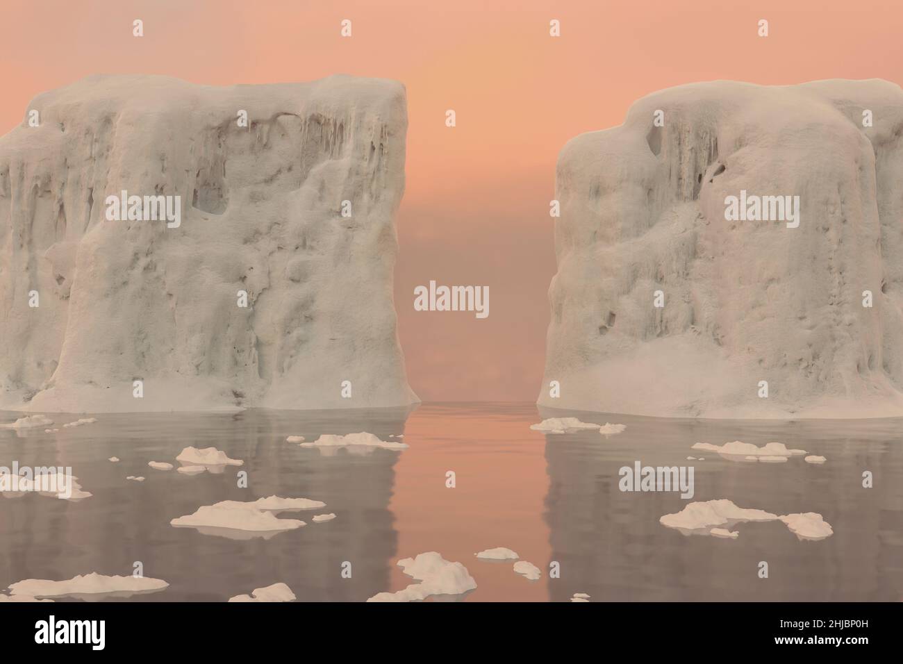 3D Darstellung von zerbrechenden Eisbergen vor schönem Himmel Stockfoto