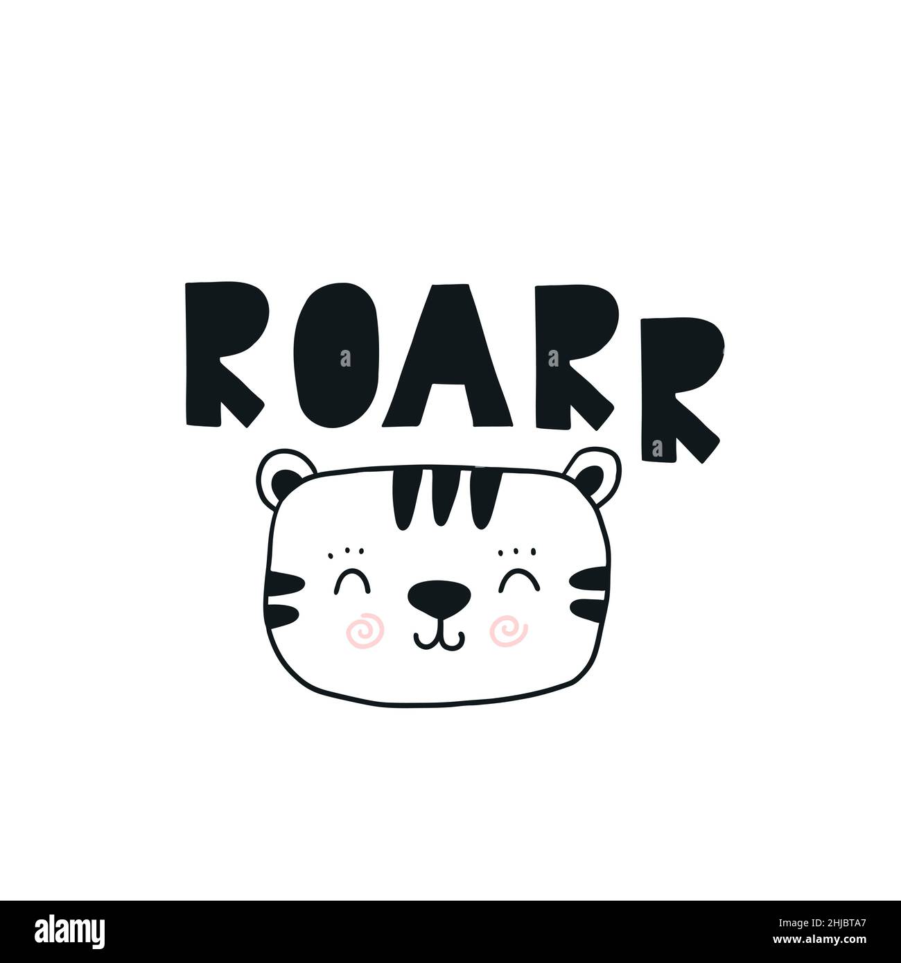 Niedlicher Tiger. Brüllt Text. Vektor skandinavischer Kinderdruck. Für Kinderzimmer oder T-Shirt-Print Stock Vektor
