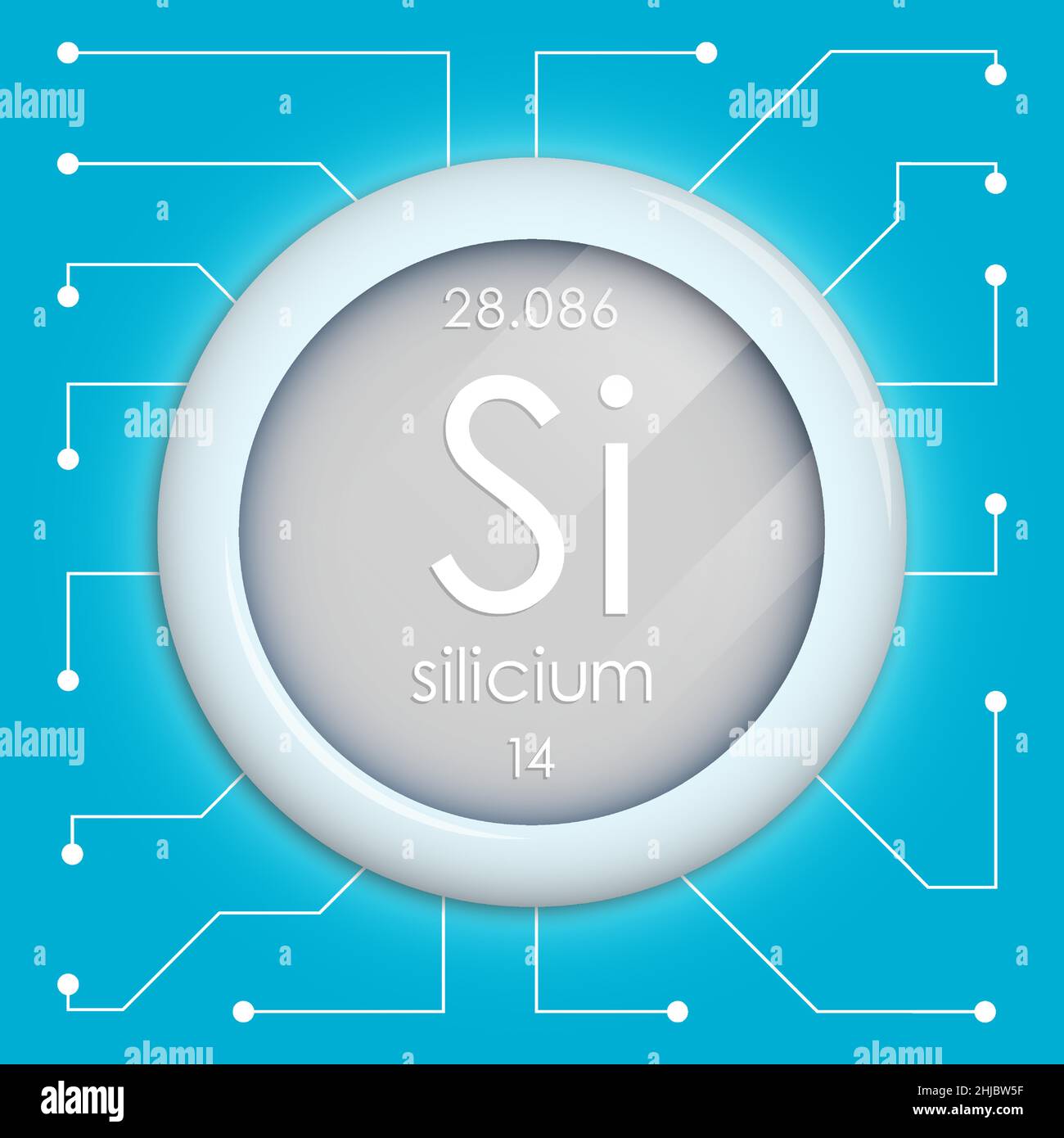 Realistischer Knopf mit Siliziumsymbol. Chemisches Element ist Silizium. Vektor auf weißem Hintergrund isoliert Stock Vektor